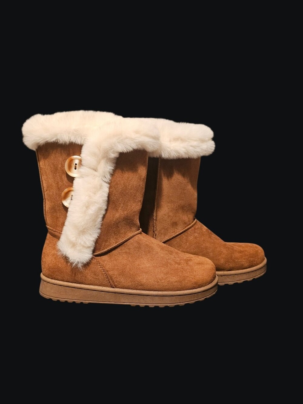 Women's Tan Suede-Like Faux-Shearling Mid-Calf Boots